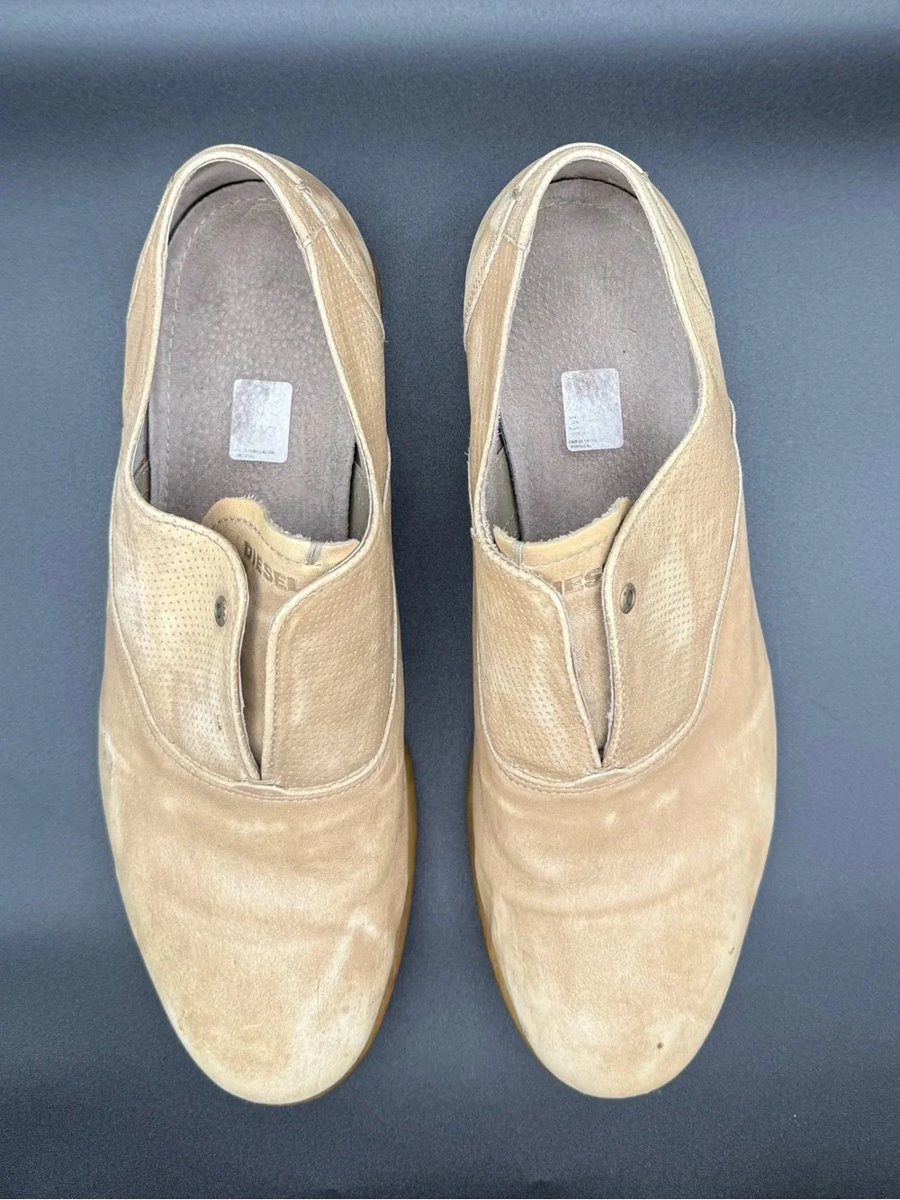DIESEL Tan Beige Perforated Leather Slip On Loafers Size EU 44 Outsole 12.5 In